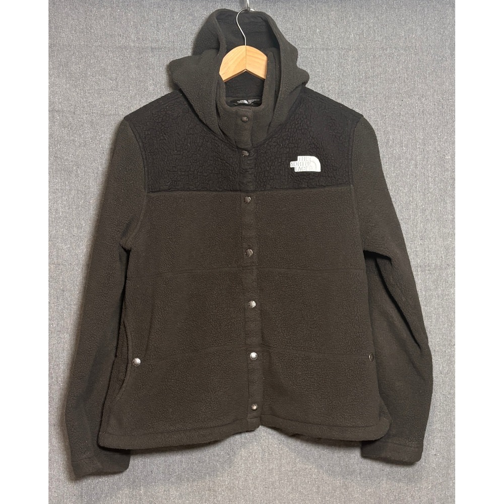 The North Face Womens Fleece Hooded Snap Front Jacket‎ Black Sherpa Yoke Large